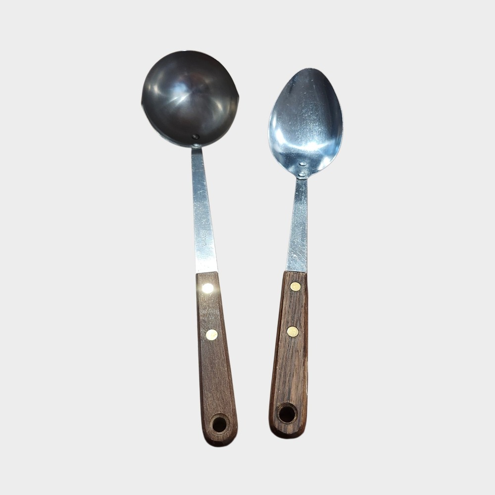 Vintage Robinson Serving Spoon Ladle Set Brown Wood Handle Stainless Steel USA
